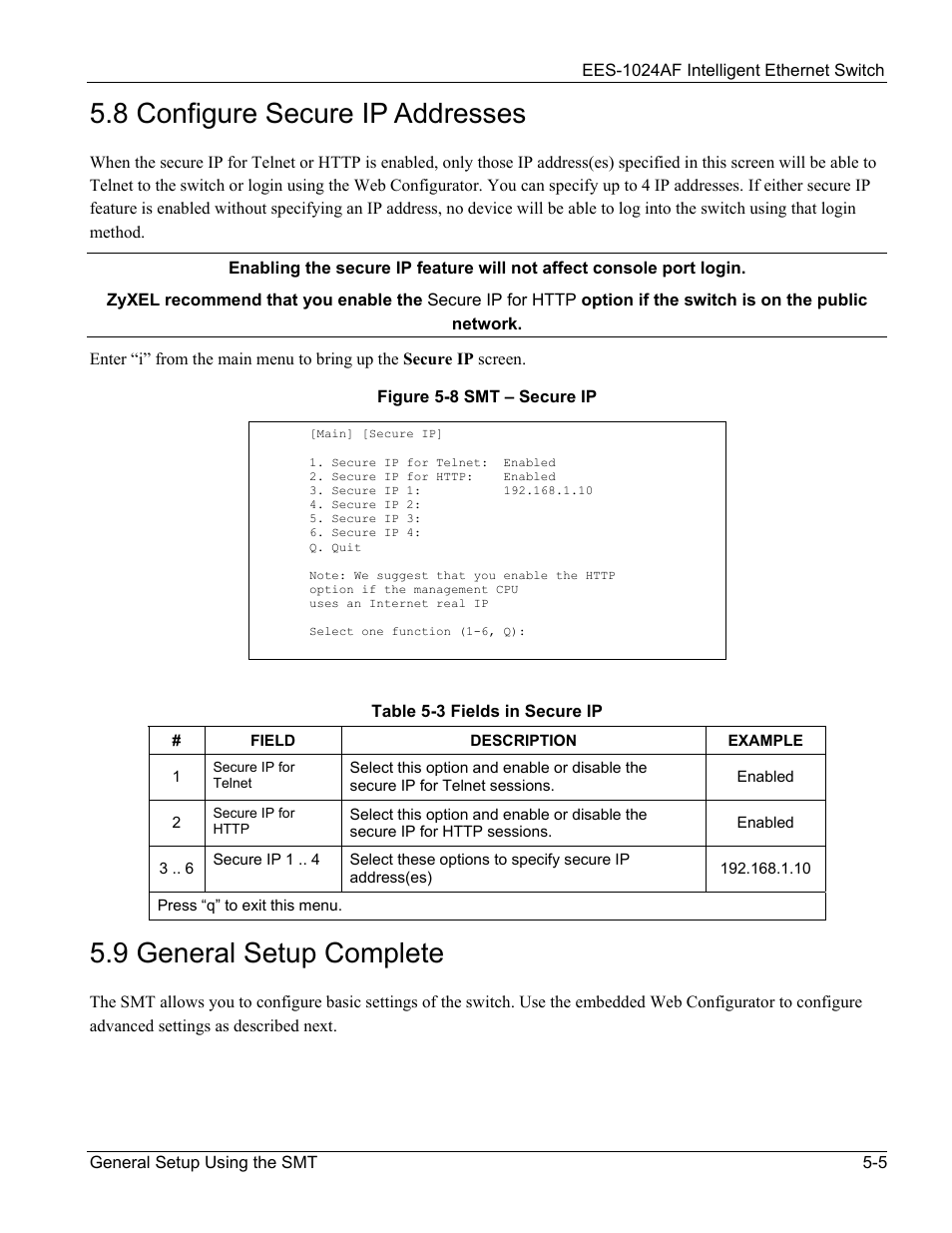 Configure secure ip addresses, General setup complete, Figure 5-8 smt – secure ip -5 | Table 5-3 fields in secure ip -5, 8 configure secure ip addresses, 9 general setup complete | ZyXEL Communications EES-1024AF User Manual | Page 55 / 99