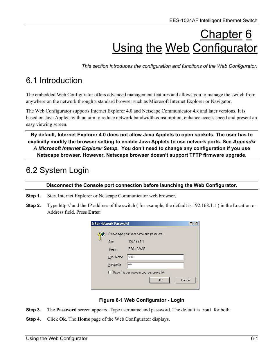 Using the web configurator, Introduction, System login | Chapter 6, Using the web configurator -1, 1 introduction -1 6.2 system login -1, Figure 6-1 web configurator - login -1, Chapter 6 using the web configurator, 1 introduction, 2 system login | ZyXEL Communications EES-1024AF User Manual | Page 57 / 99