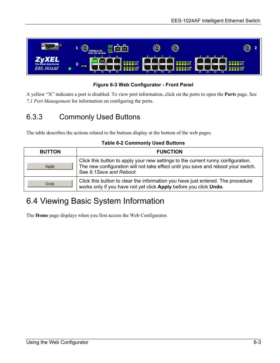 Commonly used buttons, Viewing basic system information, Commonly used buttons -3 | 4 viewing basic system information -3, Figure 6-3 web configurator - front panel -3, Table 6-2 commonly used buttons -3, 4 viewing basic system information, 3 commonly used buttons | ZyXEL Communications EES-1024AF User Manual | Page 59 / 99
