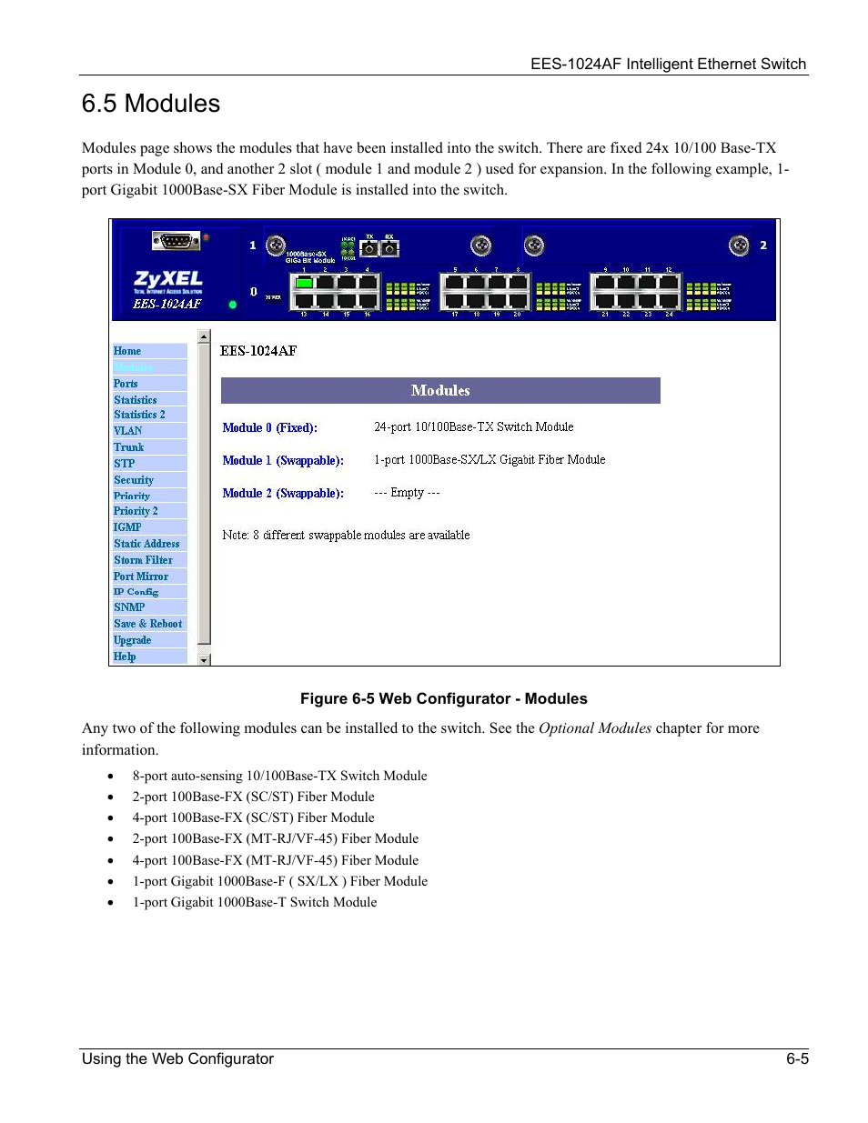 Modules, 5 modules -5, Figure 6-5 web configurator - modules -5 | 5 modules | ZyXEL Communications EES-1024AF User Manual | Page 61 / 99