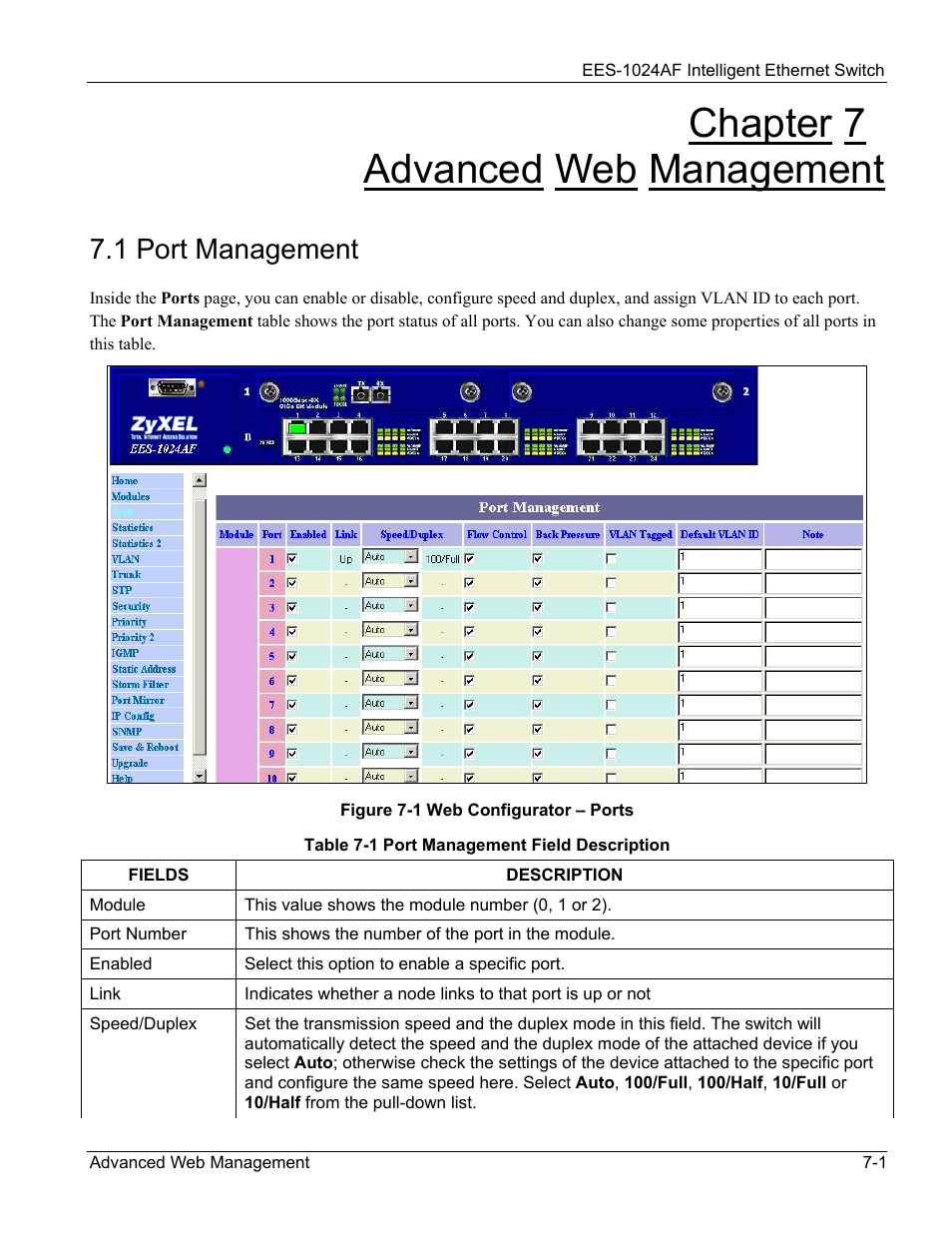Advanced web management, Port management, Chapter 7 | Advanced web management -1, 1 port management -1, Figure 7-1 web configurator – ports -1, Table 7-1 port management field description -1, Chapter 7 advanced web management, 1 port management | ZyXEL Communications EES-1024AF User Manual | Page 65 / 99