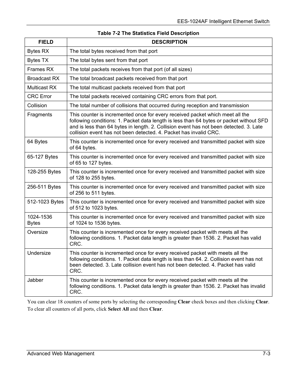 Table 7-2 the statistics field description -3 | ZyXEL Communications EES-1024AF User Manual | Page 67 / 99