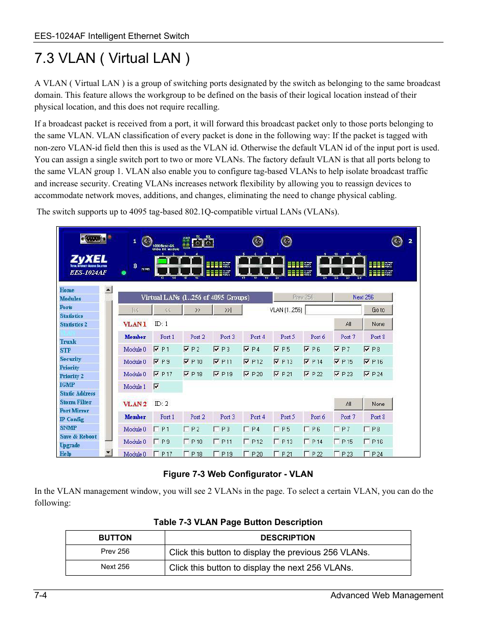 Vlan ( virtual lan ), 3 vlan ( virtual lan ) -4, Figure 7-3 web configurator - vlan -4 | 3 vlan ( virtual lan ) | ZyXEL Communications EES-1024AF User Manual | Page 68 / 99
