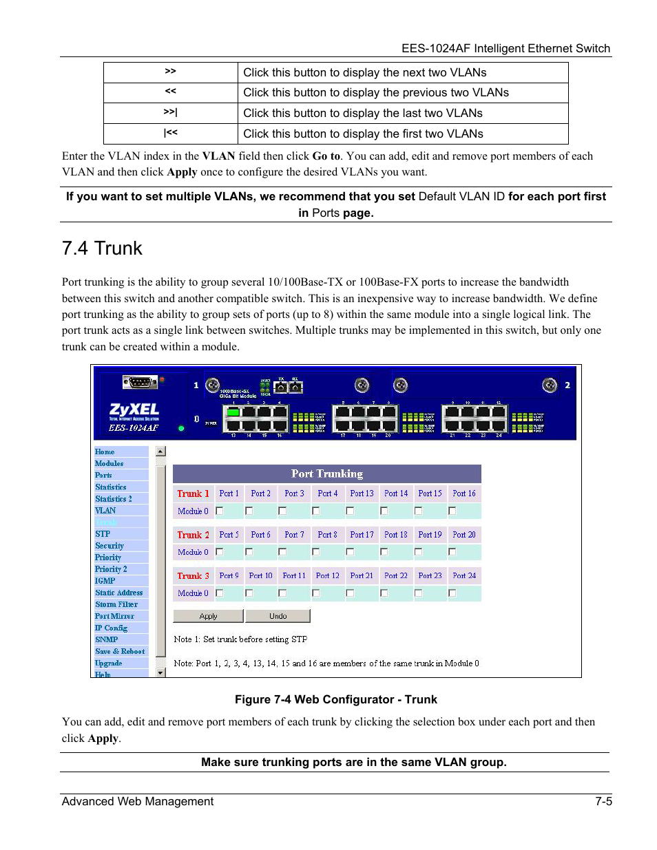 Trunk, 4 trunk -5, Figure 7-4 web configurator - trunk -5 | 4 trunk | ZyXEL Communications EES-1024AF User Manual | Page 69 / 99