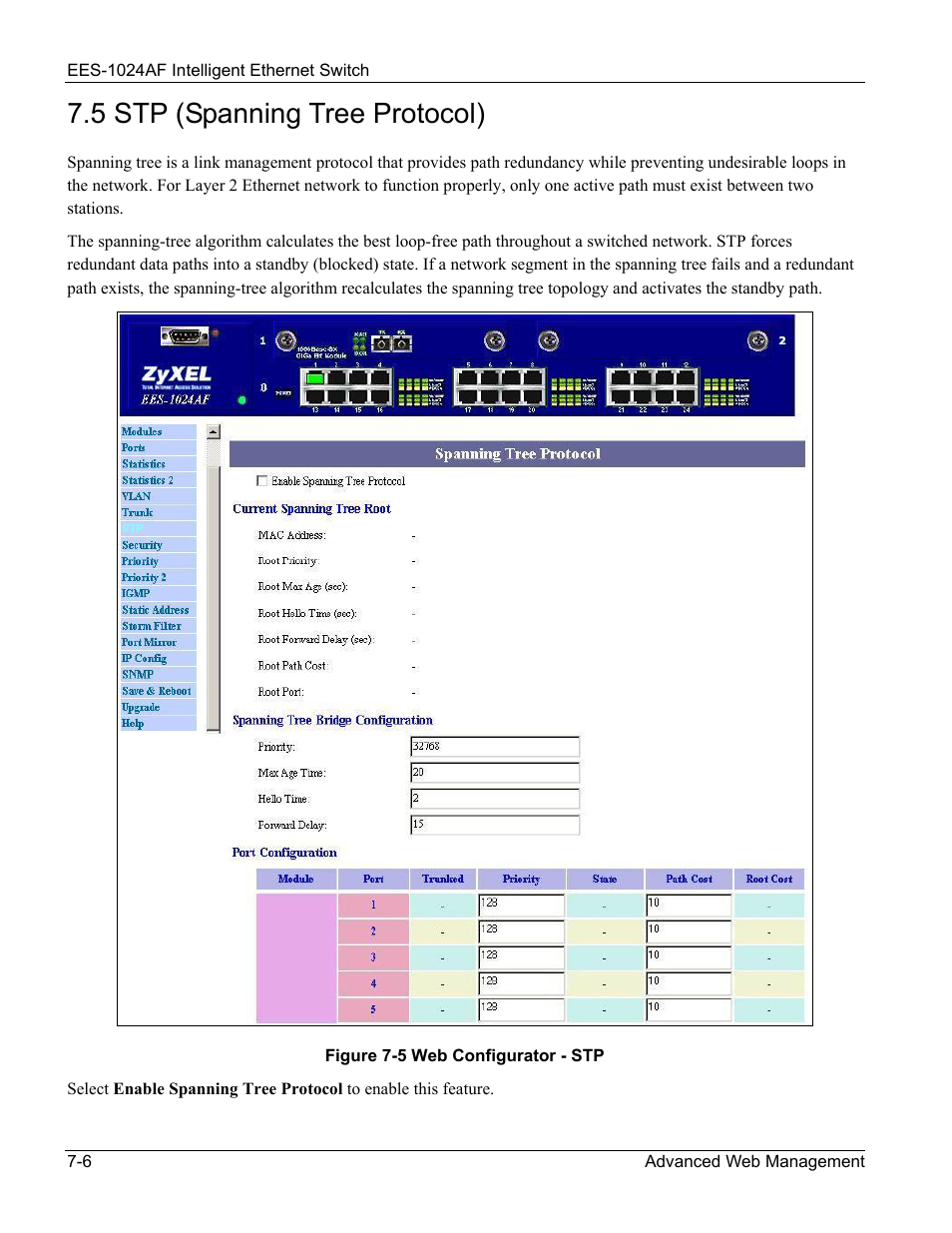 Stp (spanning tree protocol), 5 stp (spanning tree protocol) -6, Figure 7-5 web configurator - stp -6 | 5 stp (spanning tree protocol) | ZyXEL Communications EES-1024AF User Manual | Page 70 / 99