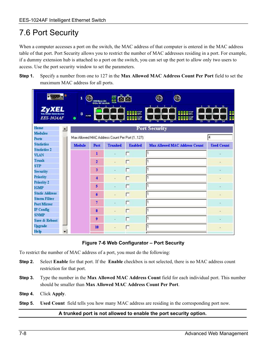 Port security, 6 port security -8, Figure 7-6 web configurator – port security -8 | 6 port security | ZyXEL Communications EES-1024AF User Manual | Page 72 / 99
