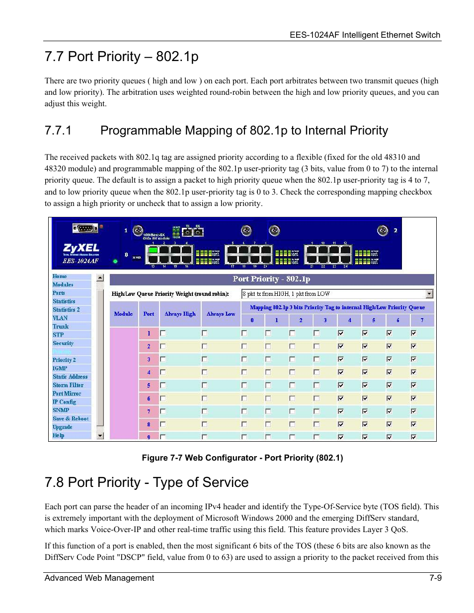 Port priority – 802.1p, Port priority - type of service, 7 port priority – 802.1p -9 | 8 port priority - type of service -9, 8 port priority - type of service | ZyXEL Communications EES-1024AF User Manual | Page 73 / 99