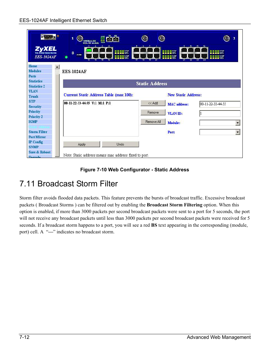 Broadcast storm filter, 11 broadcast storm filter -12, Figure 7-10 web configurator - static address -12 | 11 broadcast storm filter | ZyXEL Communications EES-1024AF User Manual | Page 76 / 99