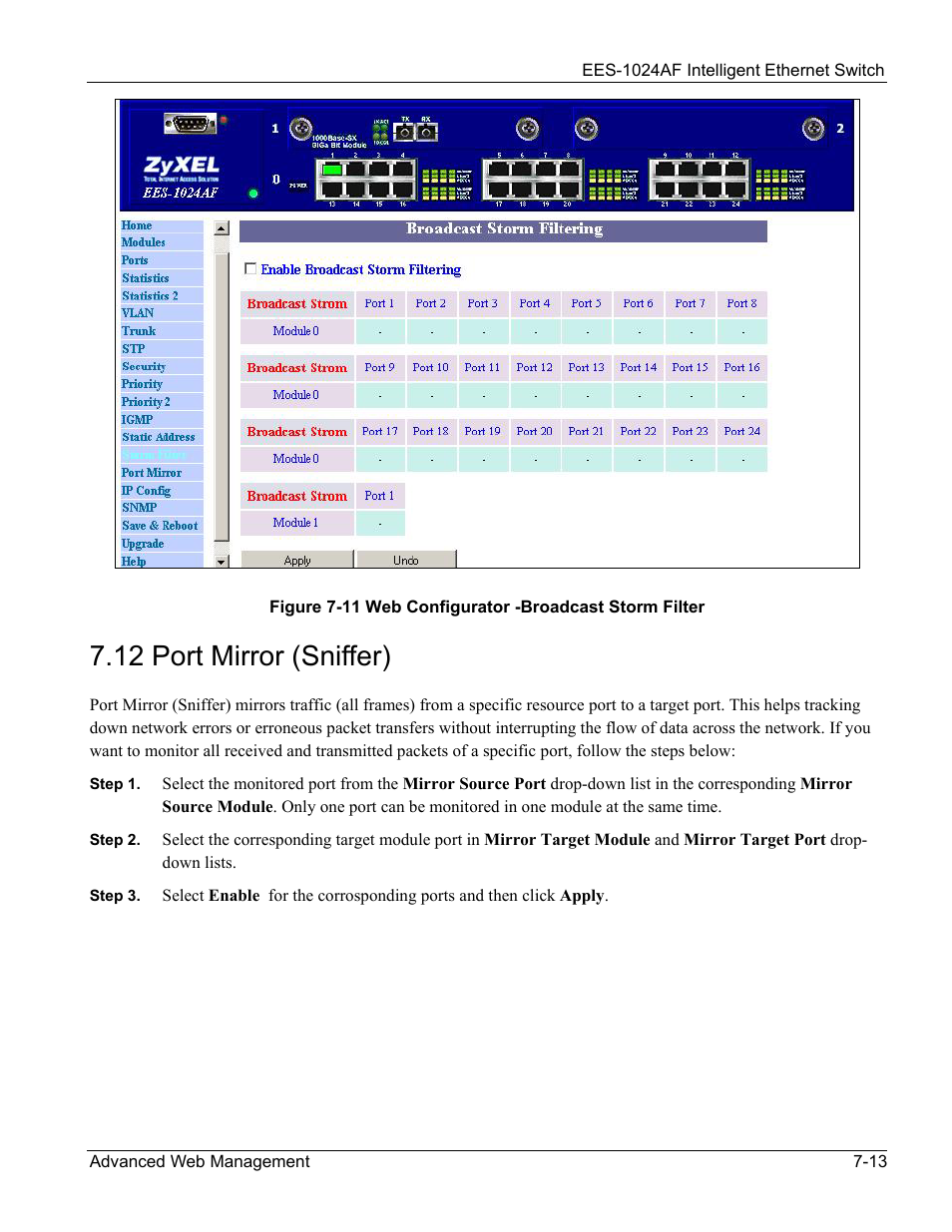 Port mirror (sniffer), 12 port mirror (sniffer) -13, 12 port mirror (sniffer) | ZyXEL Communications EES-1024AF User Manual | Page 77 / 99