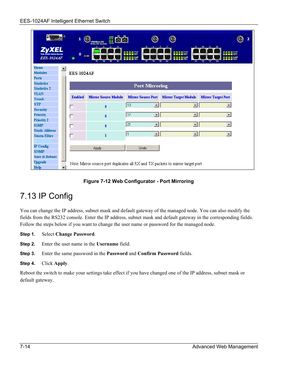 Ip config, 13 ip config -14, Figure 7-12 web configurator - port mirroring -14 | 13 ip config | ZyXEL Communications EES-1024AF User Manual | Page 78 / 99