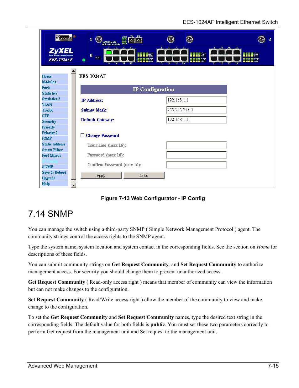 Snmp, 14 snmp -15, Figure 7-13 web configurator - ip config -15 | 14 snmp | ZyXEL Communications EES-1024AF User Manual | Page 79 / 99