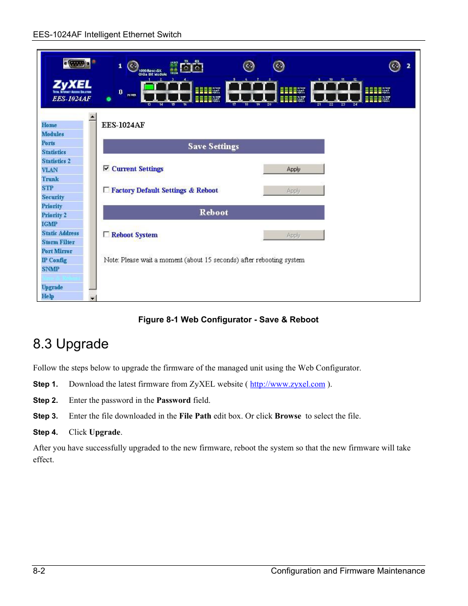 Upgrade, 3 upgrade -2, Figure 8-1 web configurator - save & reboot -2 | 3 upgrade | ZyXEL Communications EES-1024AF User Manual | Page 82 / 99