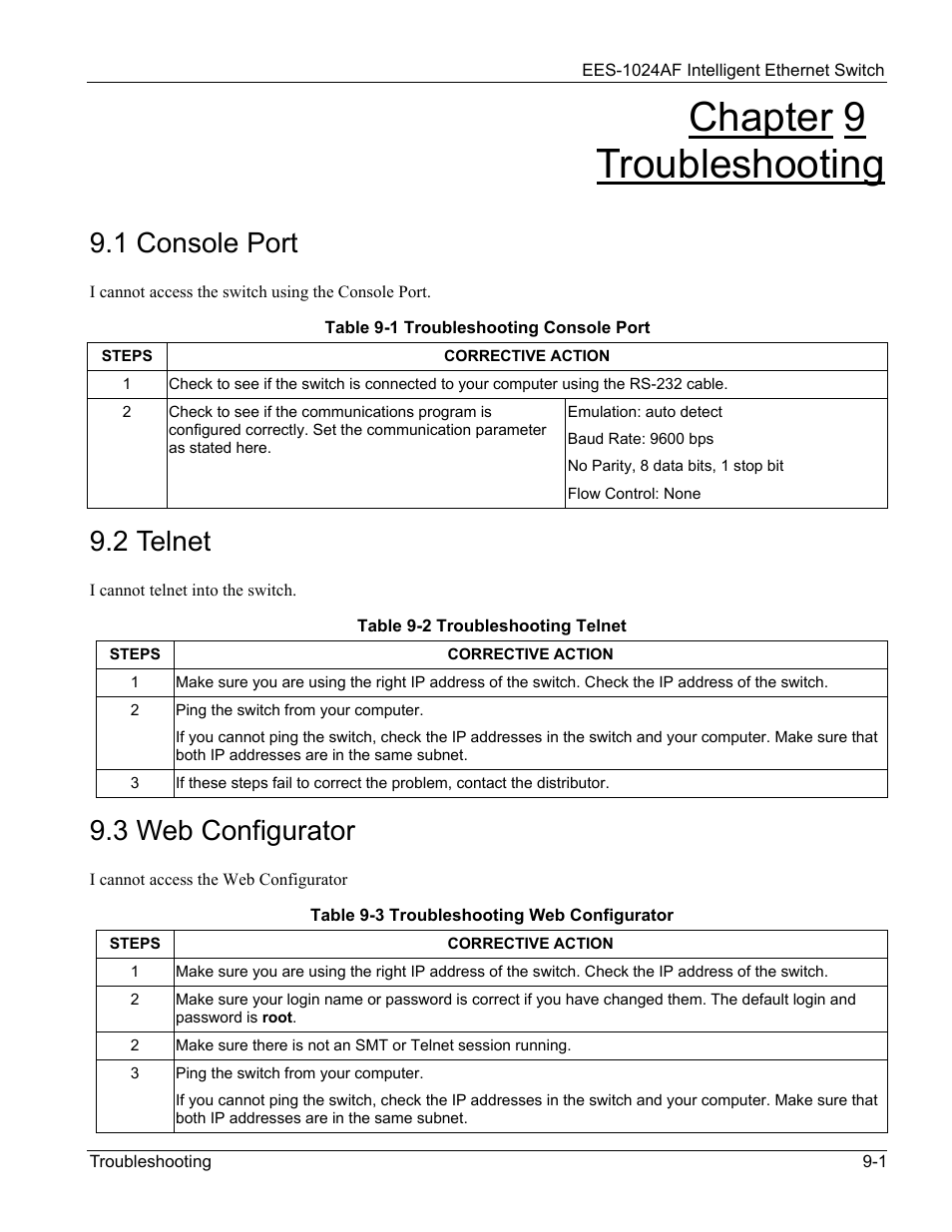 Troubleshooting, Console port, Telnet | Web configurator, Chapter 9, Troubleshooting -1, Chapter 9 troubleshooting, 1 console port, 2 telnet, 3 web configurator | ZyXEL Communications EES-1024AF User Manual | Page 87 / 99