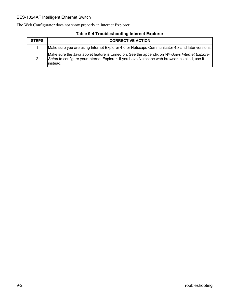 Table 9-4 troubleshooting internet explorer -2 | ZyXEL Communications EES-1024AF User Manual | Page 88 / 99