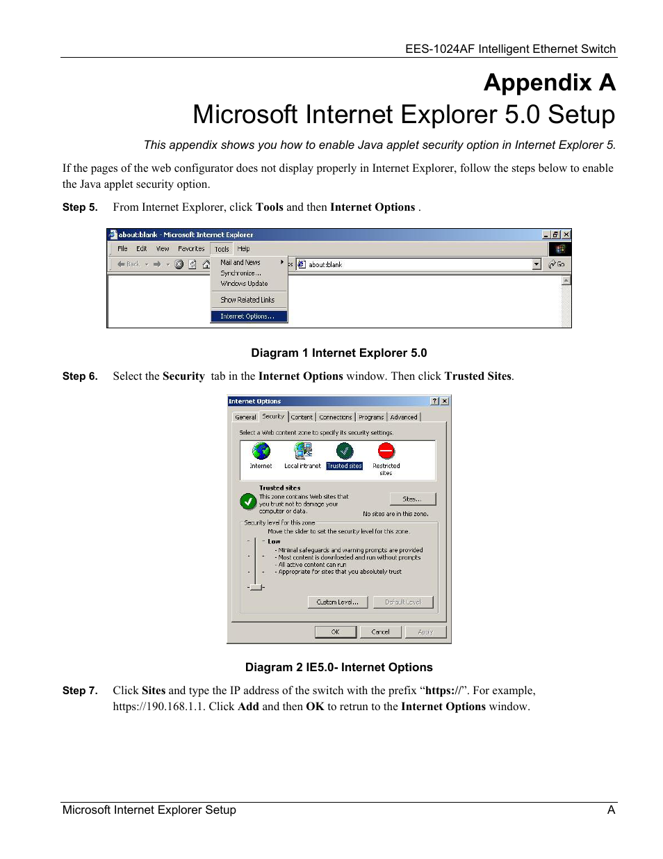 Microsoft internet explorer 5.0 setup, Appendix a | ZyXEL Communications EES-1024AF User Manual | Page 89 / 99