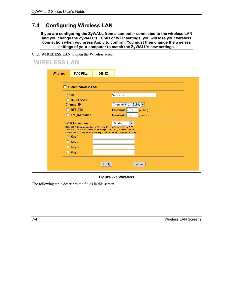 Configuring wireless lan, 4 configuring wireless lan | ZyXEL Communications Internet Security Gateway ZyWALL 2 Series User Manual | Page 114 / 614