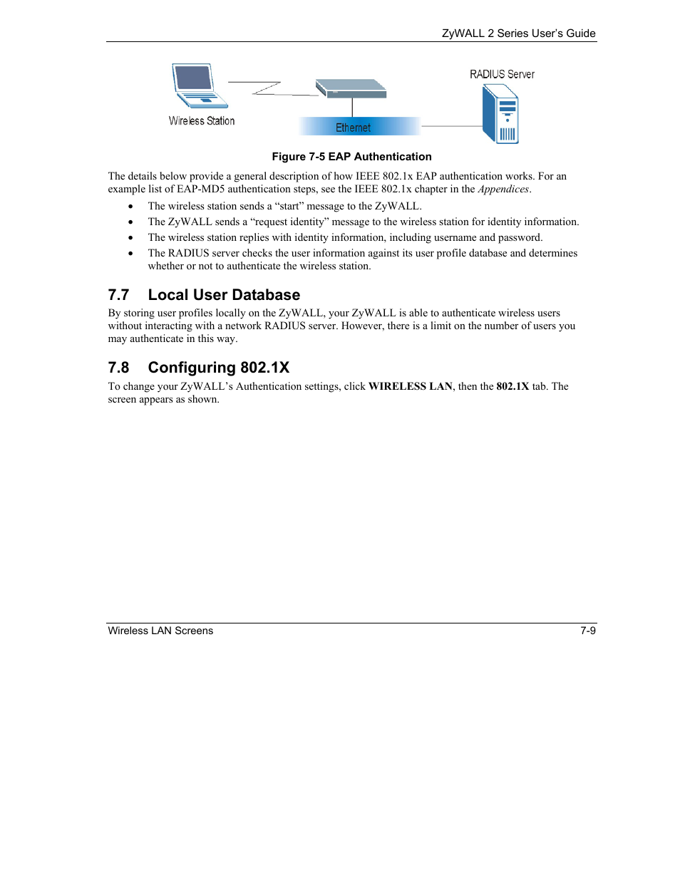 Local user database, Configuring 802.1x, 7 local user database | ZyXEL Communications Internet Security Gateway ZyWALL 2 Series User Manual | Page 119 / 614