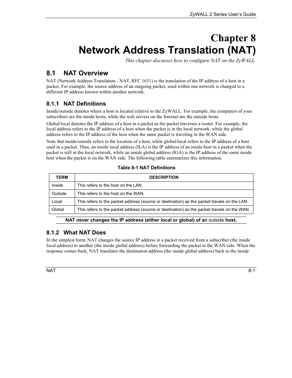 Network address translation (nat), Nat overview, Chapter 8 network address translation (nat) | 1 nat overview | ZyXEL Communications Internet Security Gateway ZyWALL 2 Series User Manual | Page 123 / 614