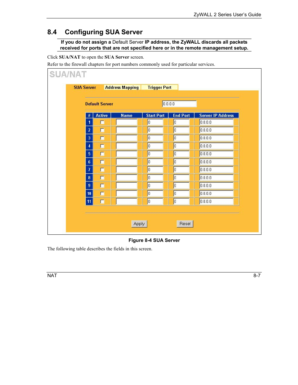 Configuring sua server, 4 configuring sua server | ZyXEL Communications Internet Security Gateway ZyWALL 2 Series User Manual | Page 129 / 614
