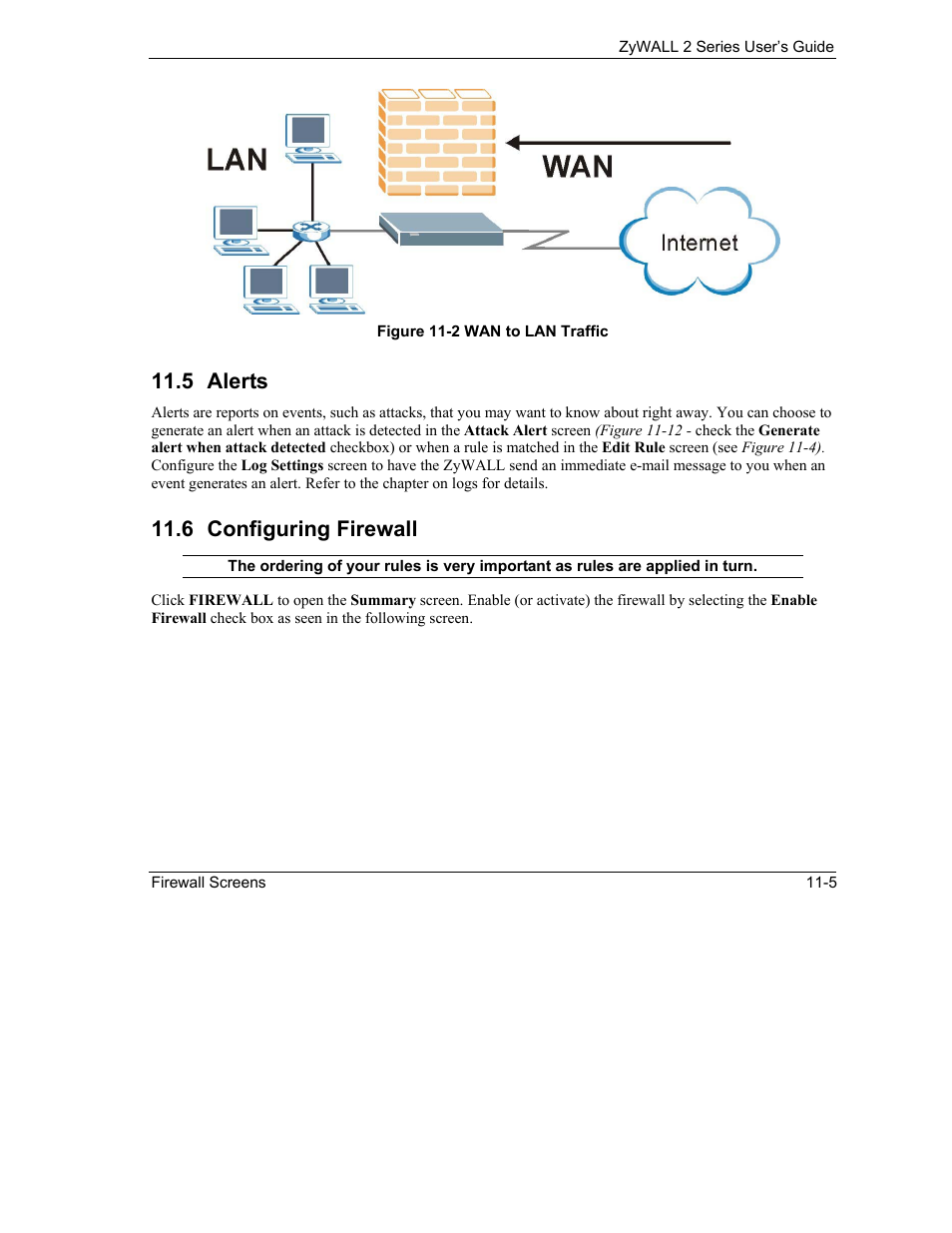 Alerts, Configuring firewall, 5 alerts | 6 configuring firewall | ZyXEL Communications Internet Security Gateway ZyWALL 2 Series User Manual | Page 161 / 614