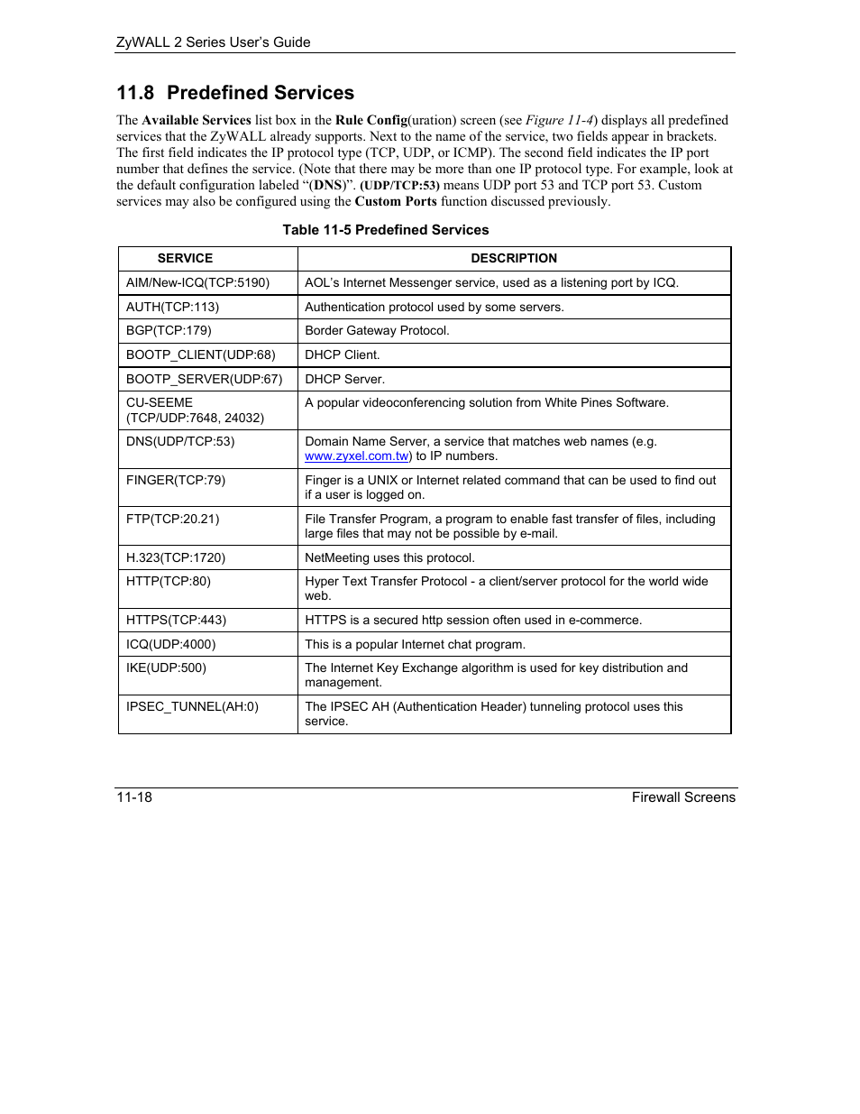 Predefined services, 8 predefined services | ZyXEL Communications Internet Security Gateway ZyWALL 2 Series User Manual | Page 174 / 614