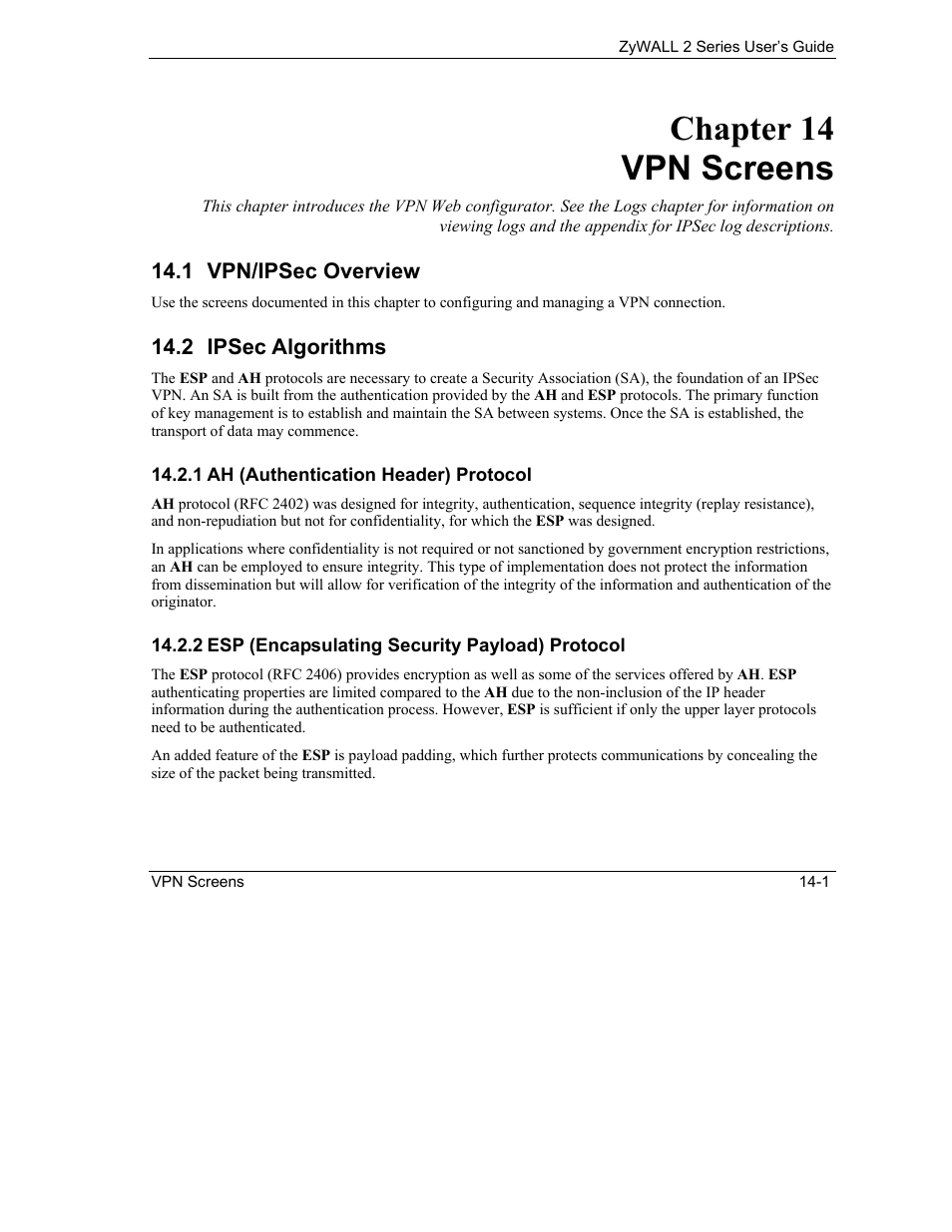 Vpn screens, Vpn/ipsec overview, Ipsec algorithms | Chapter 14 vpn screens | ZyXEL Communications Internet Security Gateway ZyWALL 2 Series User Manual | Page 207 / 614