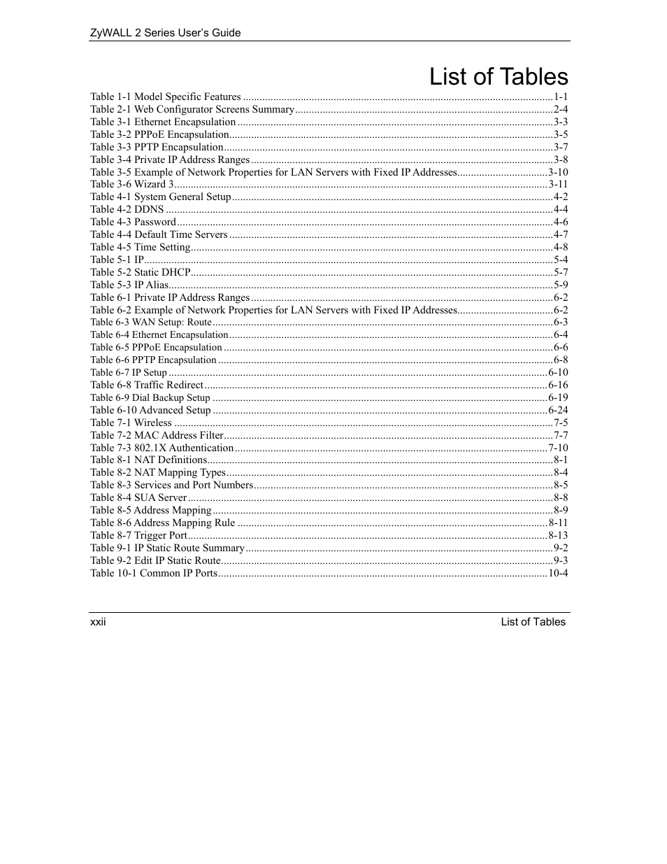 List of tables | ZyXEL Communications Internet Security Gateway ZyWALL 2 Series User Manual | Page 22 / 614