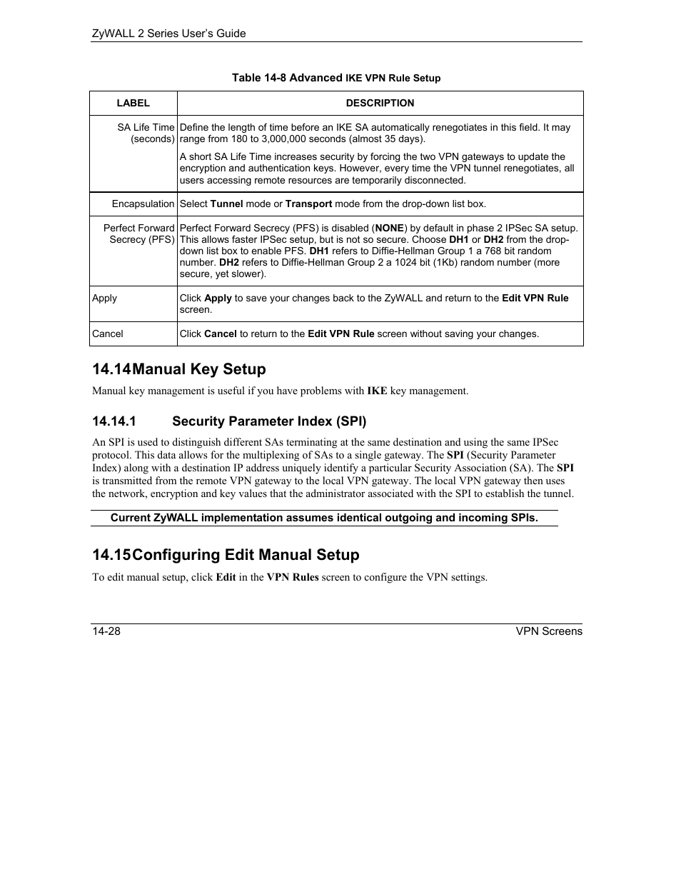 Manual key setup, Configuring edit manual setup, 14 manual key setup | 15 configuring edit manual setup | ZyXEL Communications Internet Security Gateway ZyWALL 2 Series User Manual | Page 234 / 614