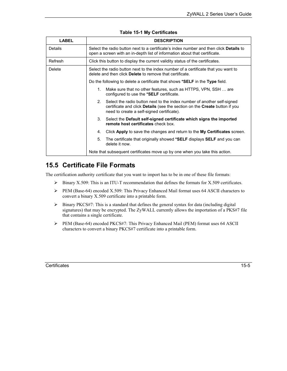 Certificate file formats, 5 certificate file formats | ZyXEL Communications Internet Security Gateway ZyWALL 2 Series User Manual | Page 251 / 614