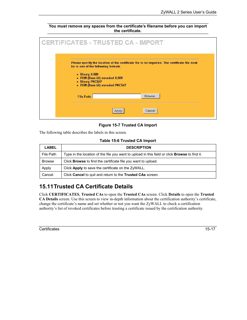 Trusted ca certificate details, 11 trusted ca certificate details | ZyXEL Communications Internet Security Gateway ZyWALL 2 Series User Manual | Page 263 / 614