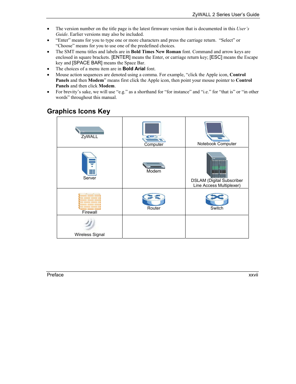Graphics icons key | ZyXEL Communications Internet Security Gateway ZyWALL 2 Series User Manual | Page 27 / 614
