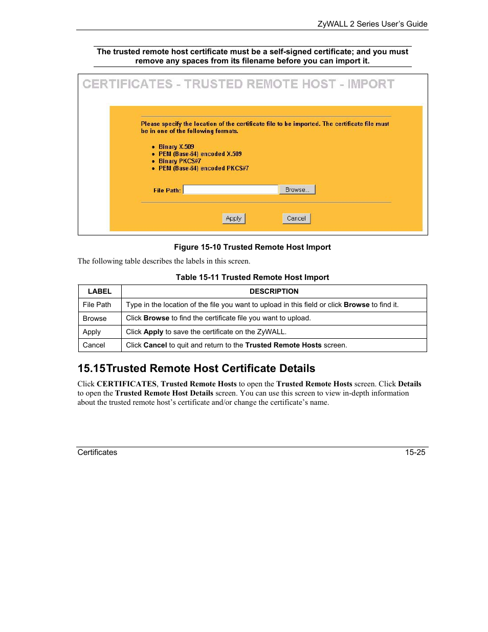 Trusted remote host certificate details, 15 trusted remote host certificate details | ZyXEL Communications Internet Security Gateway ZyWALL 2 Series User Manual | Page 271 / 614
