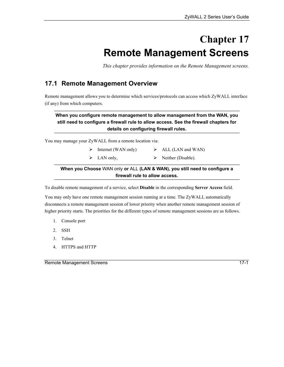Remote management screens, Remote management overview, Chapter 17 remote management screens | 1 remote management overview | ZyXEL Communications Internet Security Gateway ZyWALL 2 Series User Manual | Page 287 / 614