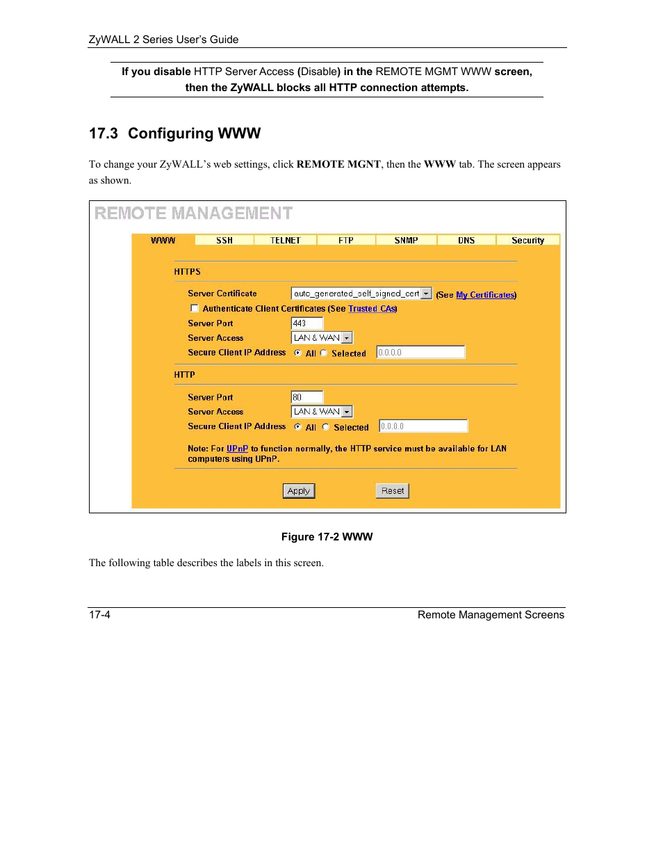Configuring www | ZyXEL Communications Internet Security Gateway ZyWALL 2 Series User Manual | Page 290 / 614