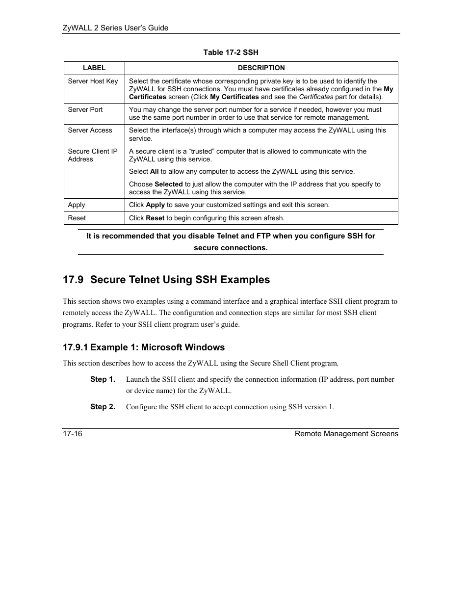 Secure telnet using ssh examples, 9 secure telnet using ssh examples | ZyXEL Communications Internet Security Gateway ZyWALL 2 Series User Manual | Page 302 / 614