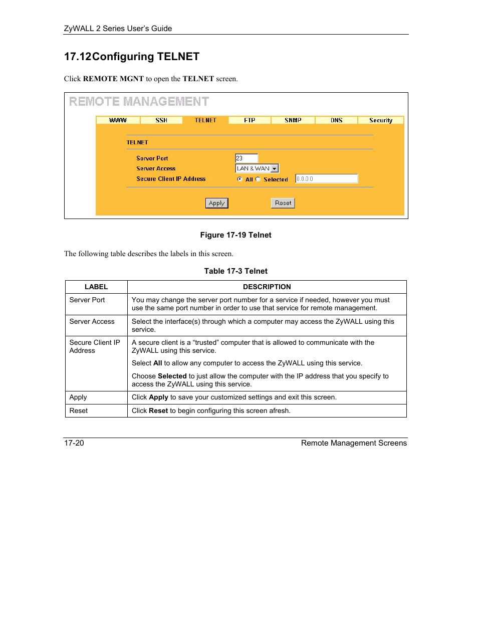 Configuring telnet, 12 configuring telnet | ZyXEL Communications Internet Security Gateway ZyWALL 2 Series User Manual | Page 306 / 614