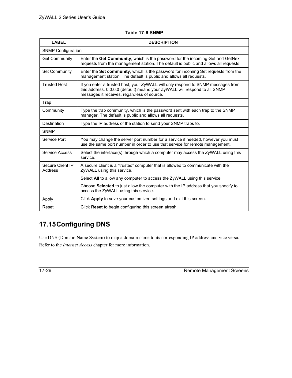 Configuring dns, 15 configuring dns | ZyXEL Communications Internet Security Gateway ZyWALL 2 Series User Manual | Page 312 / 614