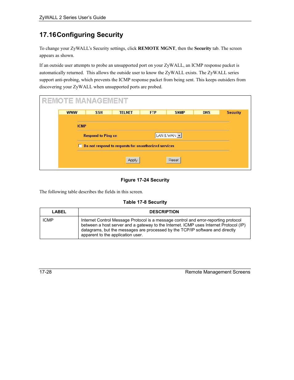 Configuring security, 16 configuring security | ZyXEL Communications Internet Security Gateway ZyWALL 2 Series User Manual | Page 314 / 614