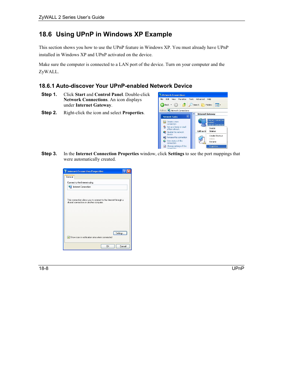 Using upnp in windows xp example, 6 using upnp in windows xp example | ZyXEL Communications Internet Security Gateway ZyWALL 2 Series User Manual | Page 324 / 614