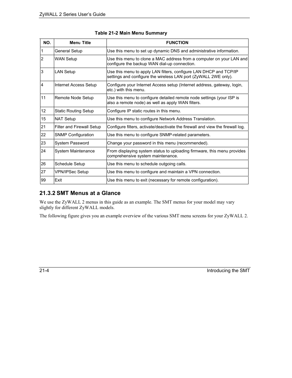 2 smt menus at a glance | ZyXEL Communications Internet Security Gateway ZyWALL 2 Series User Manual | Page 360 / 614