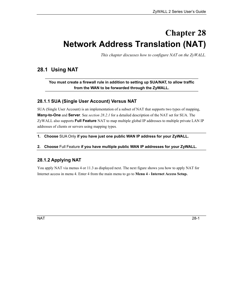 Network address translation (nat), Using nat, Chapter 28 network address translation (nat) | ZyXEL Communications Internet Security Gateway ZyWALL 2 Series User Manual | Page 415 / 614