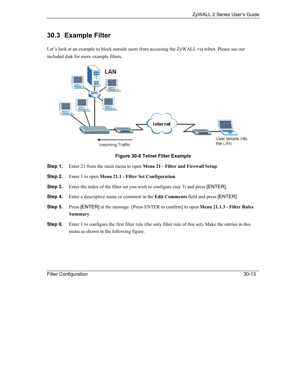Example filter, 3 example filter | ZyXEL Communications Internet Security Gateway ZyWALL 2 Series User Manual | Page 449 / 614