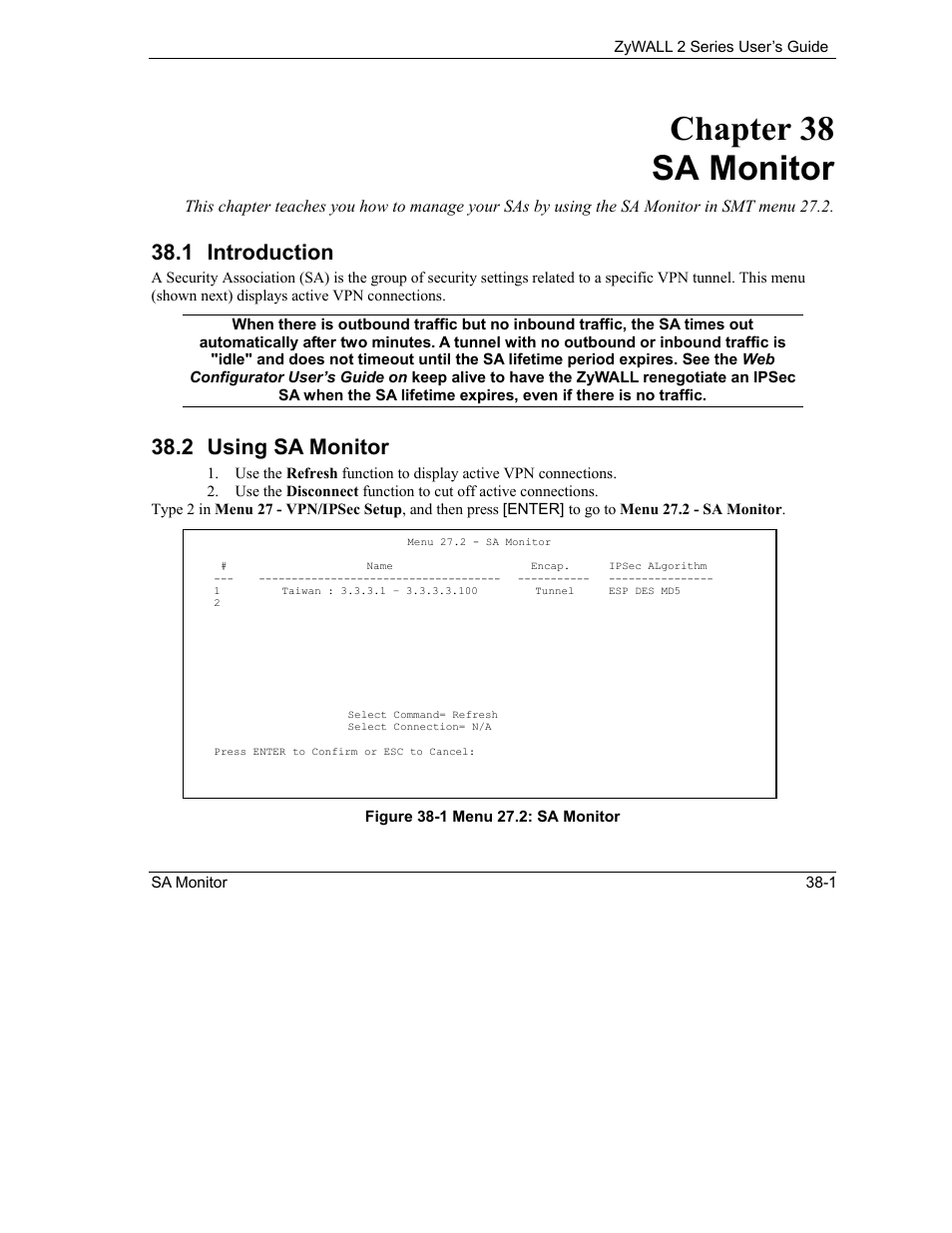 Sa monitor, Introduction, Using sa monitor | Chapter 38 sa monitor, 1 introduction, 2 using sa monitor | ZyXEL Communications Internet Security Gateway ZyWALL 2 Series User Manual | Page 523 / 614