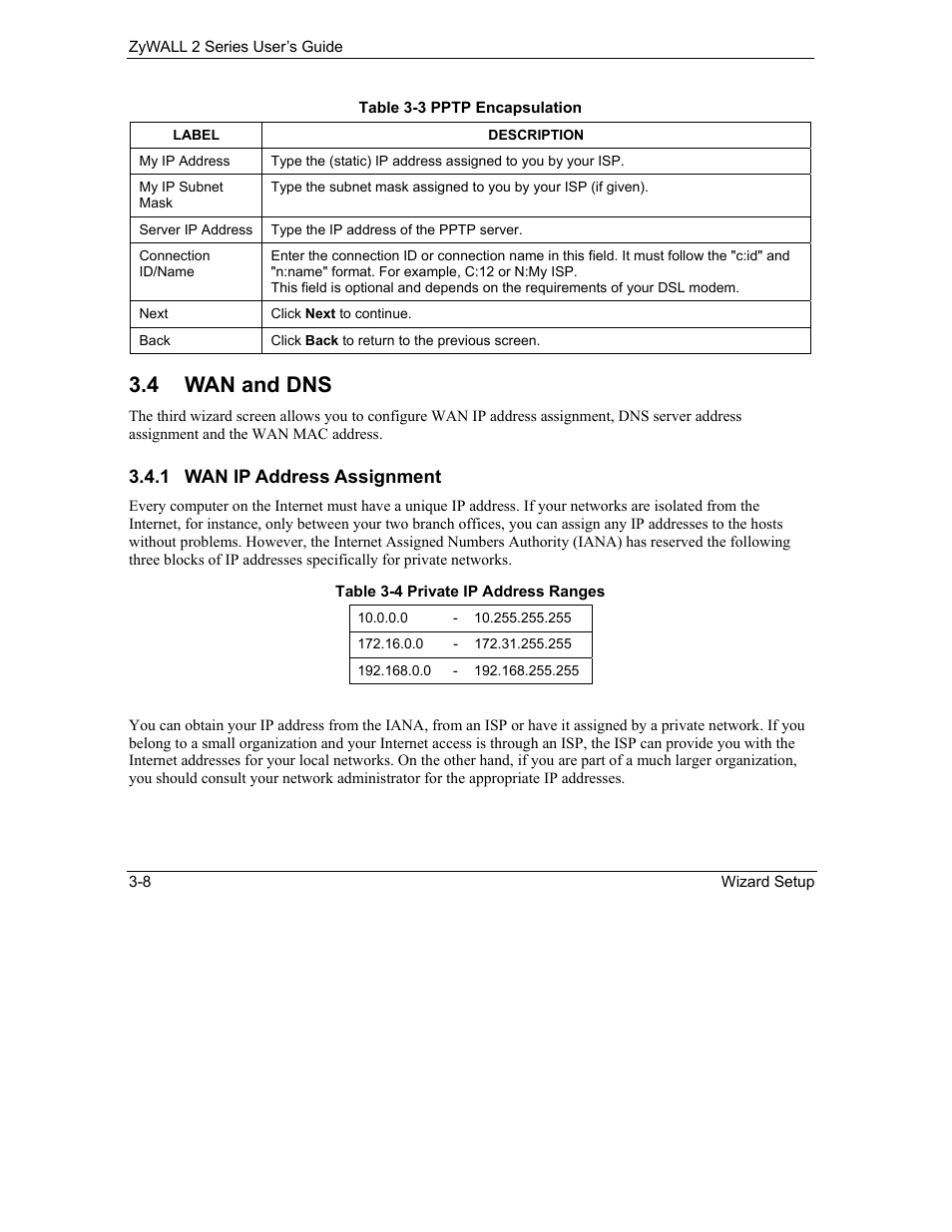 Wan and dns, 4 wan and dns | ZyXEL Communications Internet Security Gateway ZyWALL 2 Series User Manual | Page 54 / 614