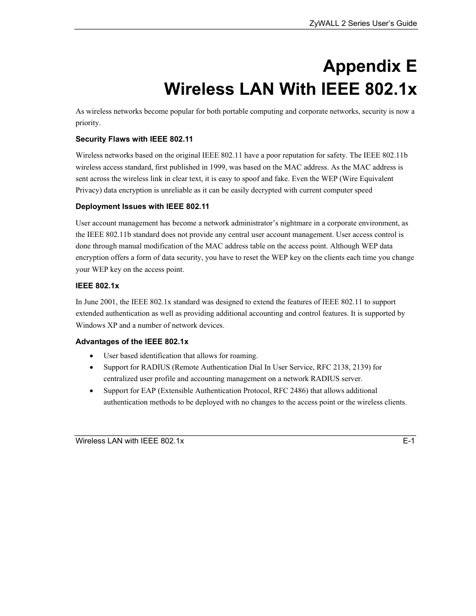 E. wireless lan with ieee 802.1x, Appendix e wireless lan with ieee 802.1x | ZyXEL Communications Internet Security Gateway ZyWALL 2 Series User Manual | Page 551 / 614