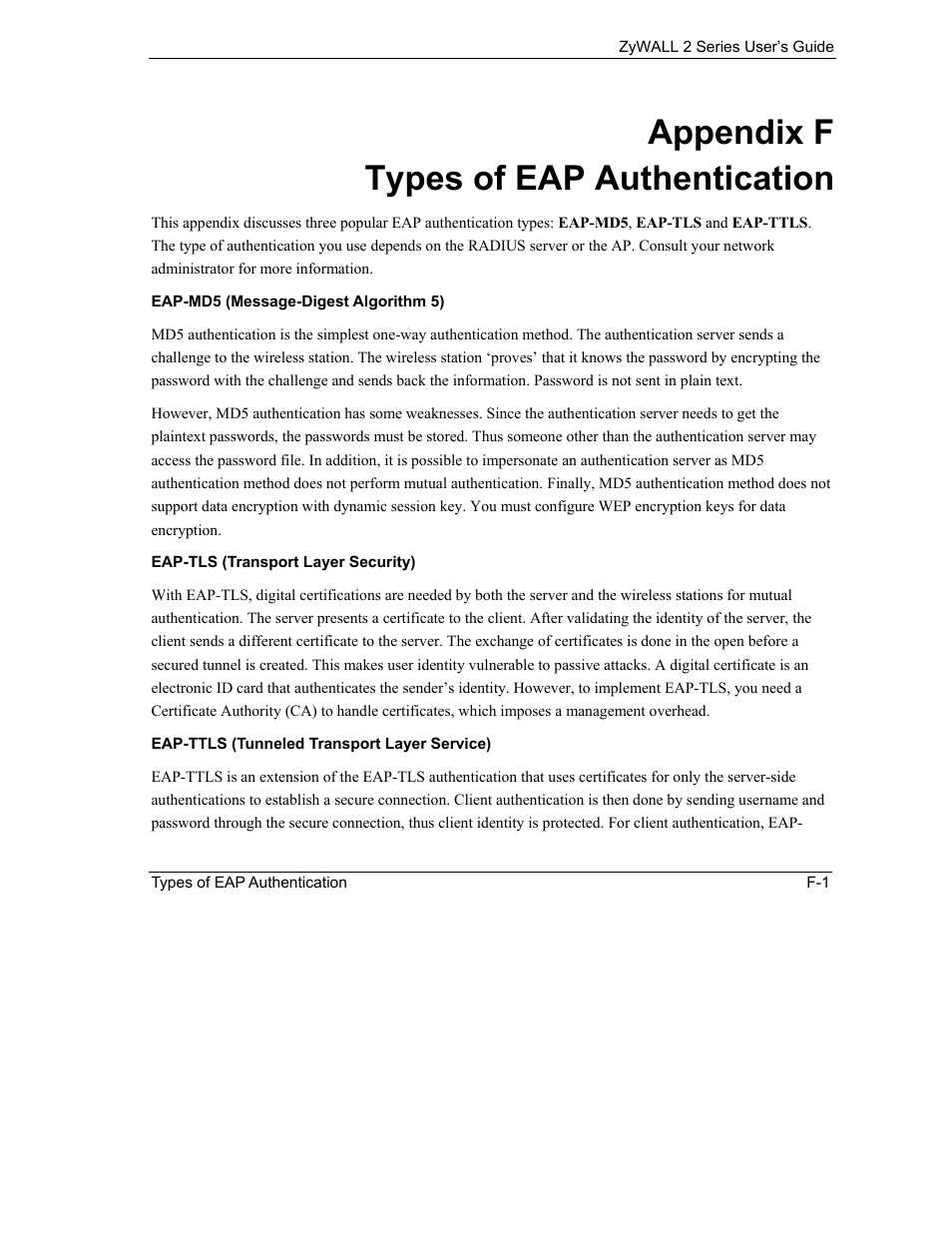 F. types of eap authentication, Appendix f types of eap authentication | ZyXEL Communications Internet Security Gateway ZyWALL 2 Series User Manual | Page 553 / 614
