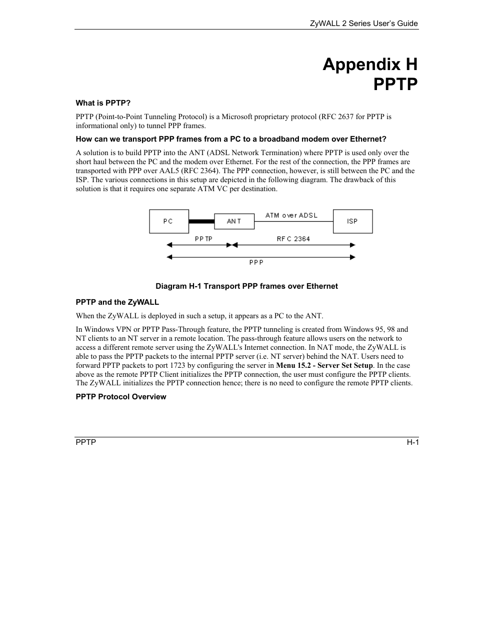 H. pptp, Appendix h pptp | ZyXEL Communications Internet Security Gateway ZyWALL 2 Series User Manual | Page 557 / 614