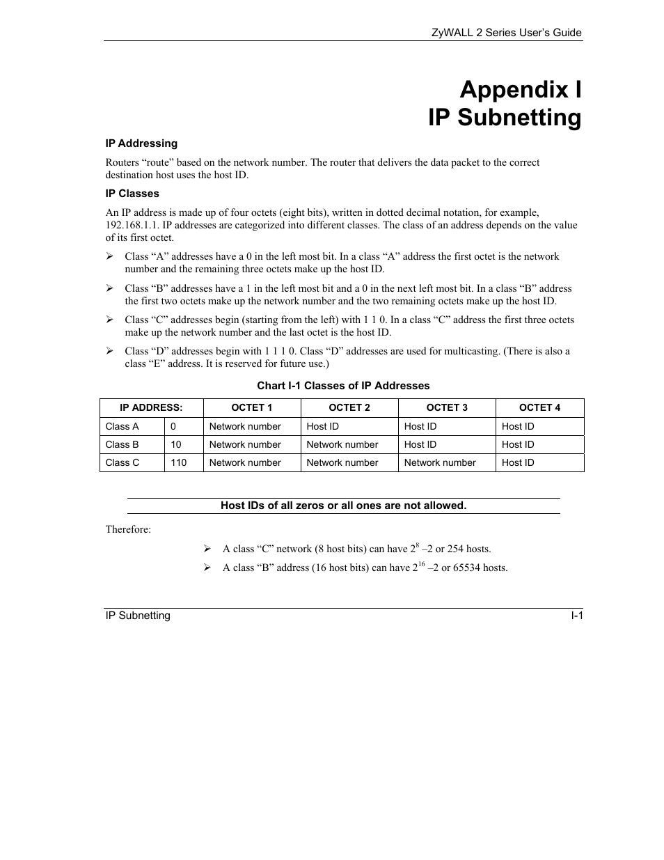 I. ip subnetting, Appendix i ip subnetting | ZyXEL Communications Internet Security Gateway ZyWALL 2 Series User Manual | Page 561 / 614