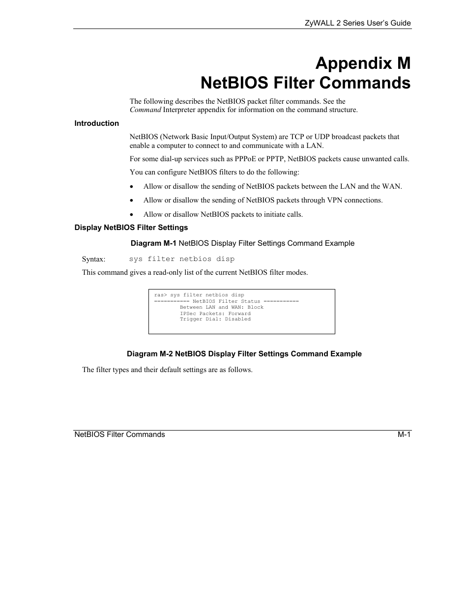 M. netbios filter commands, Appendix m netbios filter commands | ZyXEL Communications Internet Security Gateway ZyWALL 2 Series User Manual | Page 581 / 614