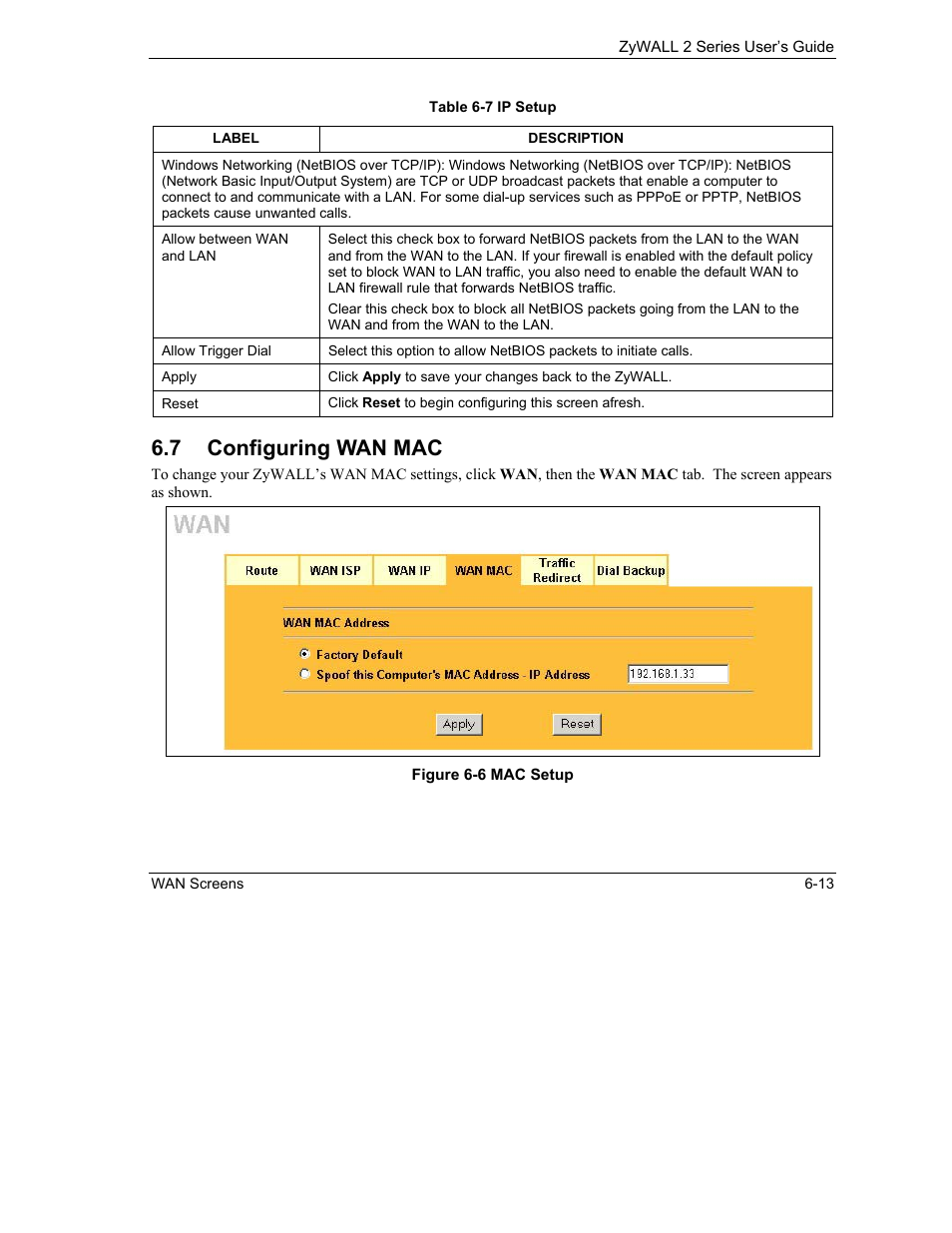 Configuring wan mac, 7 configuring wan mac | ZyXEL Communications Internet Security Gateway ZyWALL 2 Series User Manual | Page 97 / 614